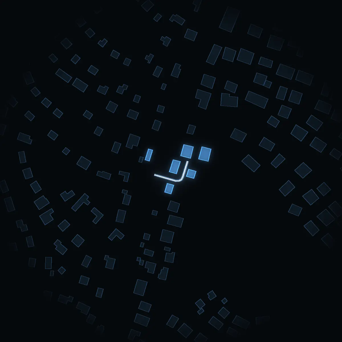 The street at night: Eskadervägen drawn in white, its buildings lit in the colour of their area’s income
