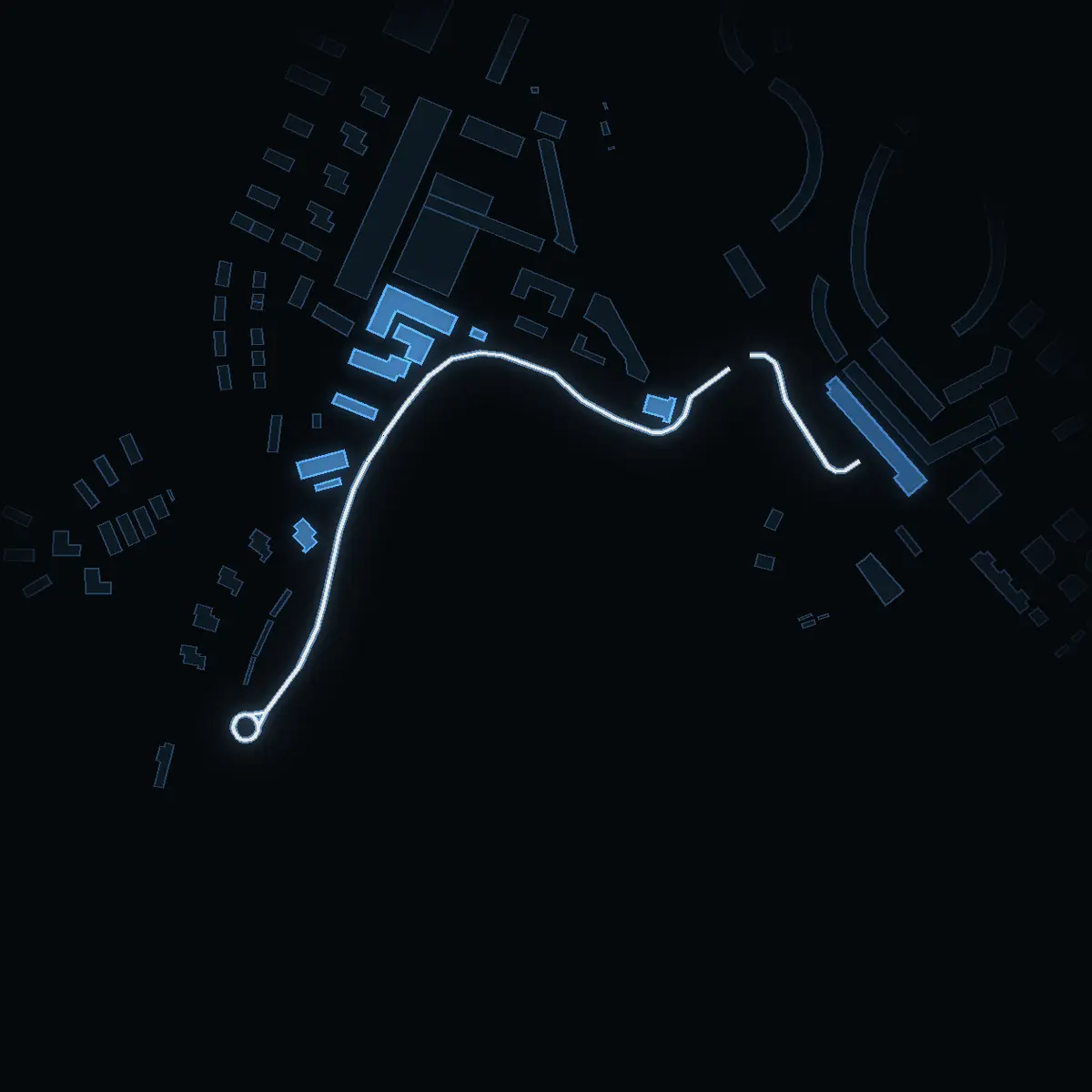 The street at night: Fabriksvägen drawn in white, its buildings lit in the colour of their area’s income