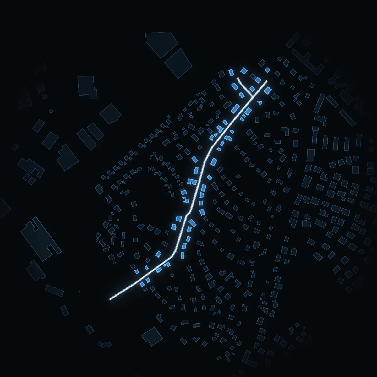The street at night: Fågelvägen drawn in white, its buildings lit in the colour of their area’s income