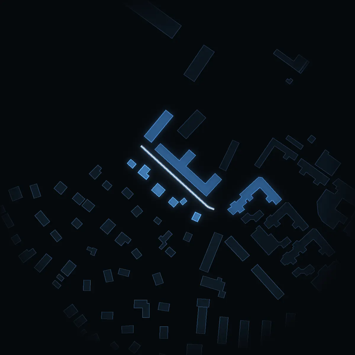 The street at night: Fasanvägen drawn in white, its buildings lit in the colour of their area’s income