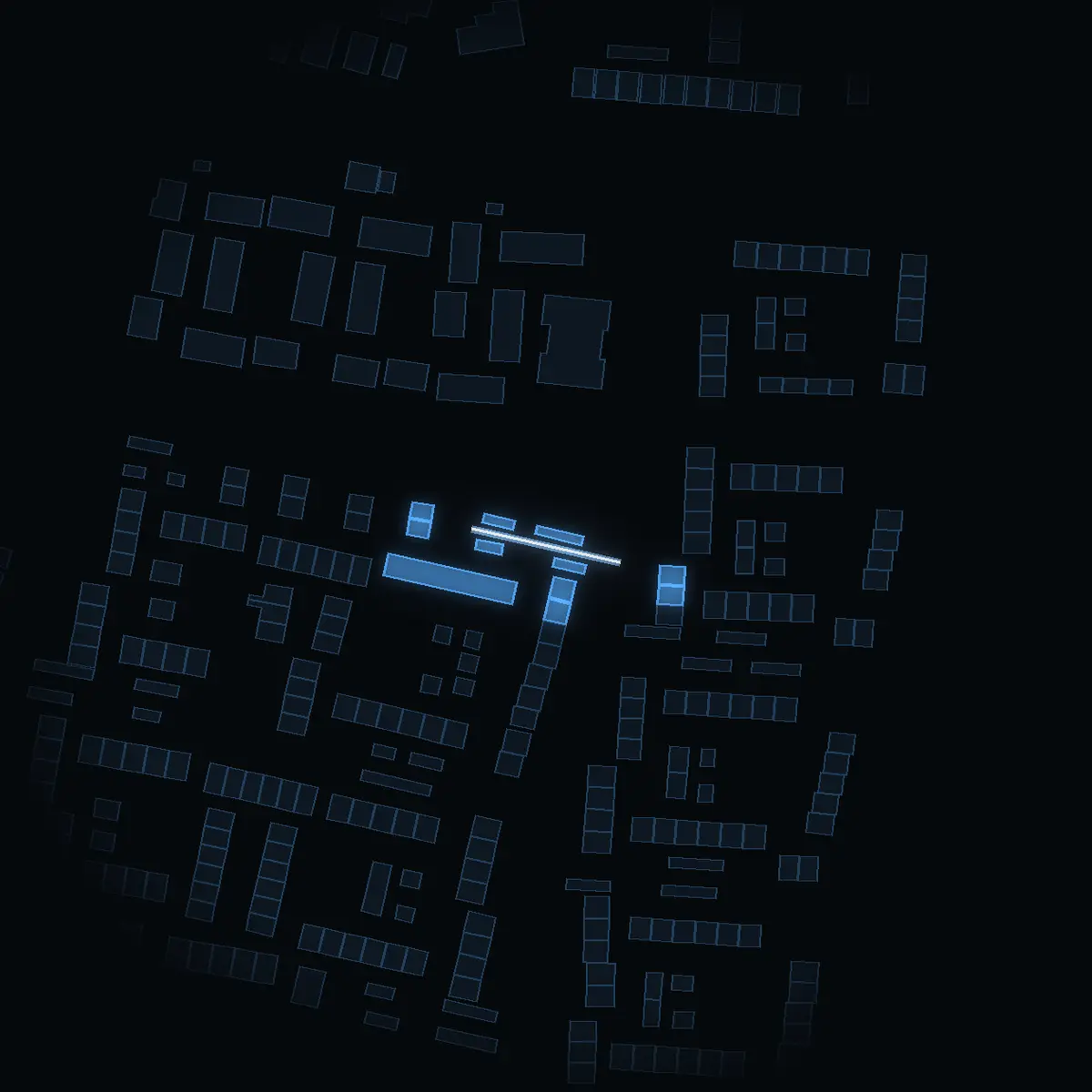 The street at night: Fiskargränd drawn in white, its buildings lit in the colour of their area’s income