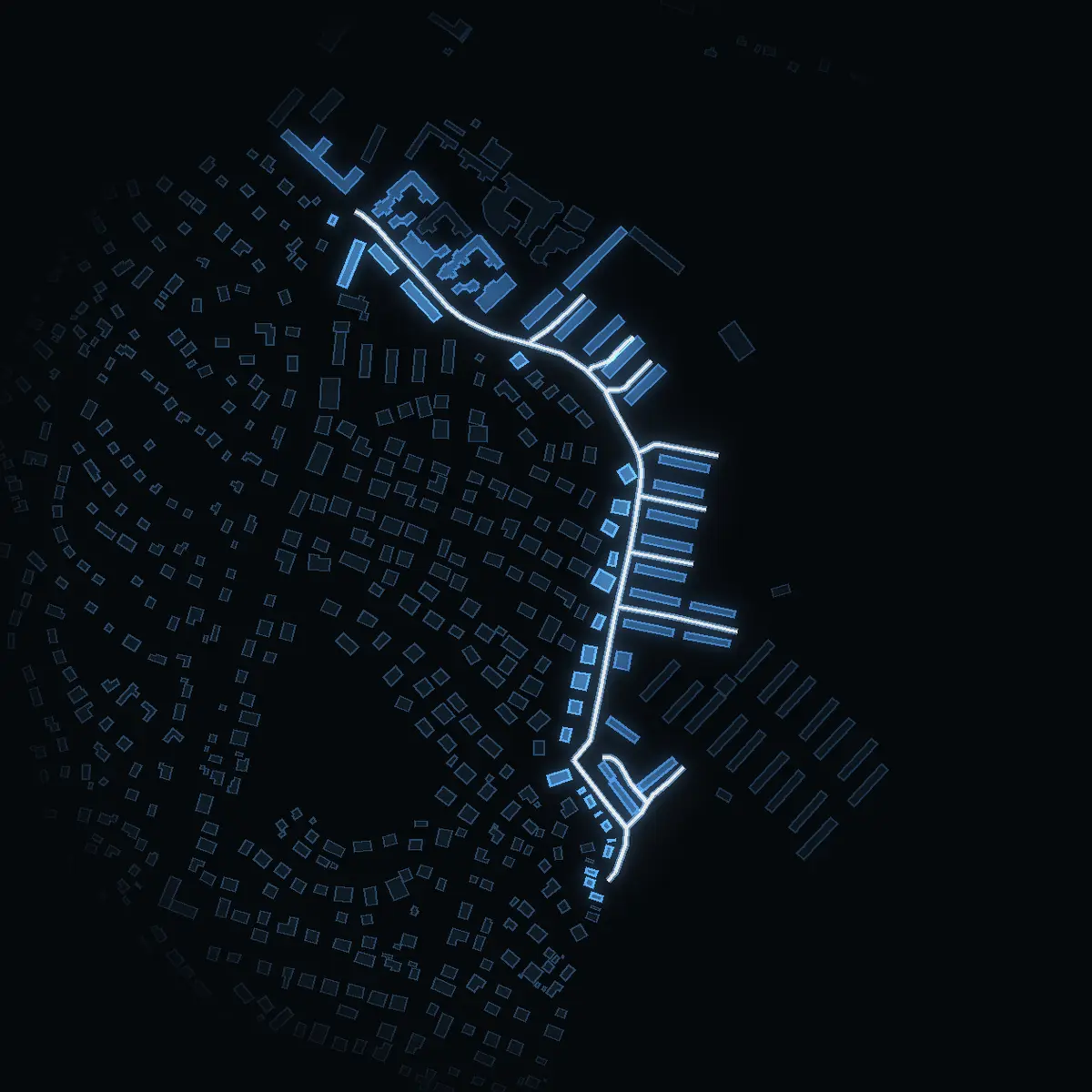 The street at night: Flygarvägen drawn in white, its buildings lit in the colour of their area’s income