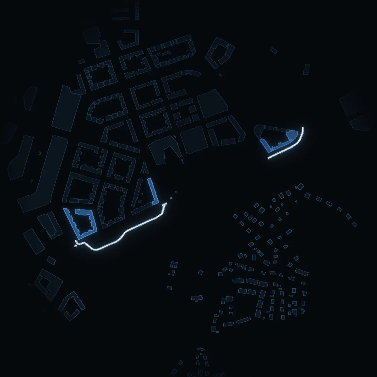 The street at night: Flygfältsvägen drawn in white, its buildings lit in the colour of their area’s income