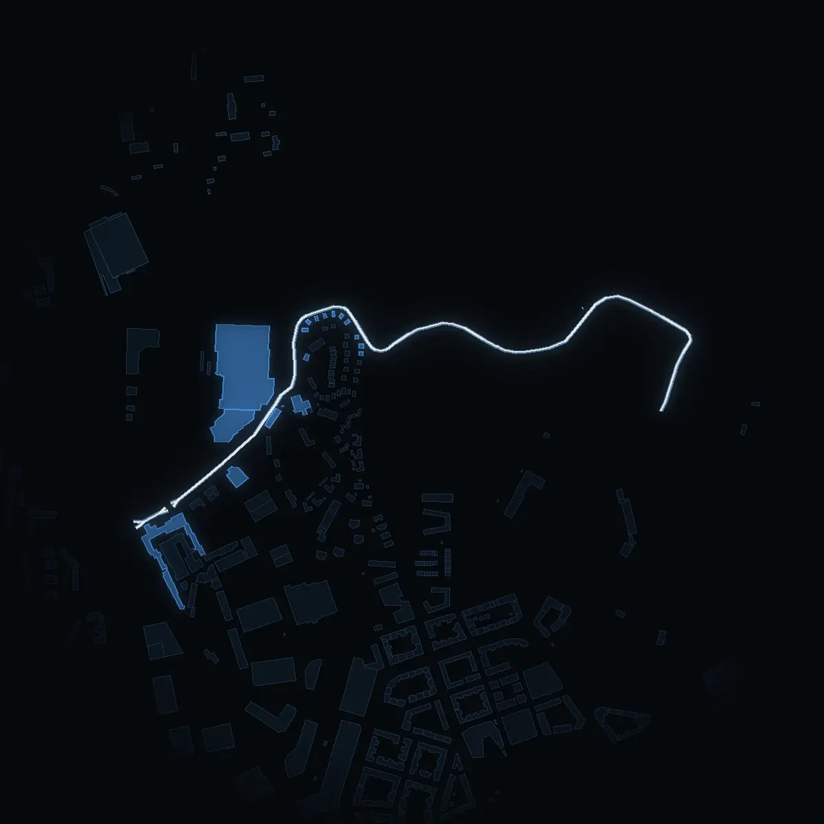 The street at night: Flyginfarten drawn in white, its buildings lit in the colour of their area’s income