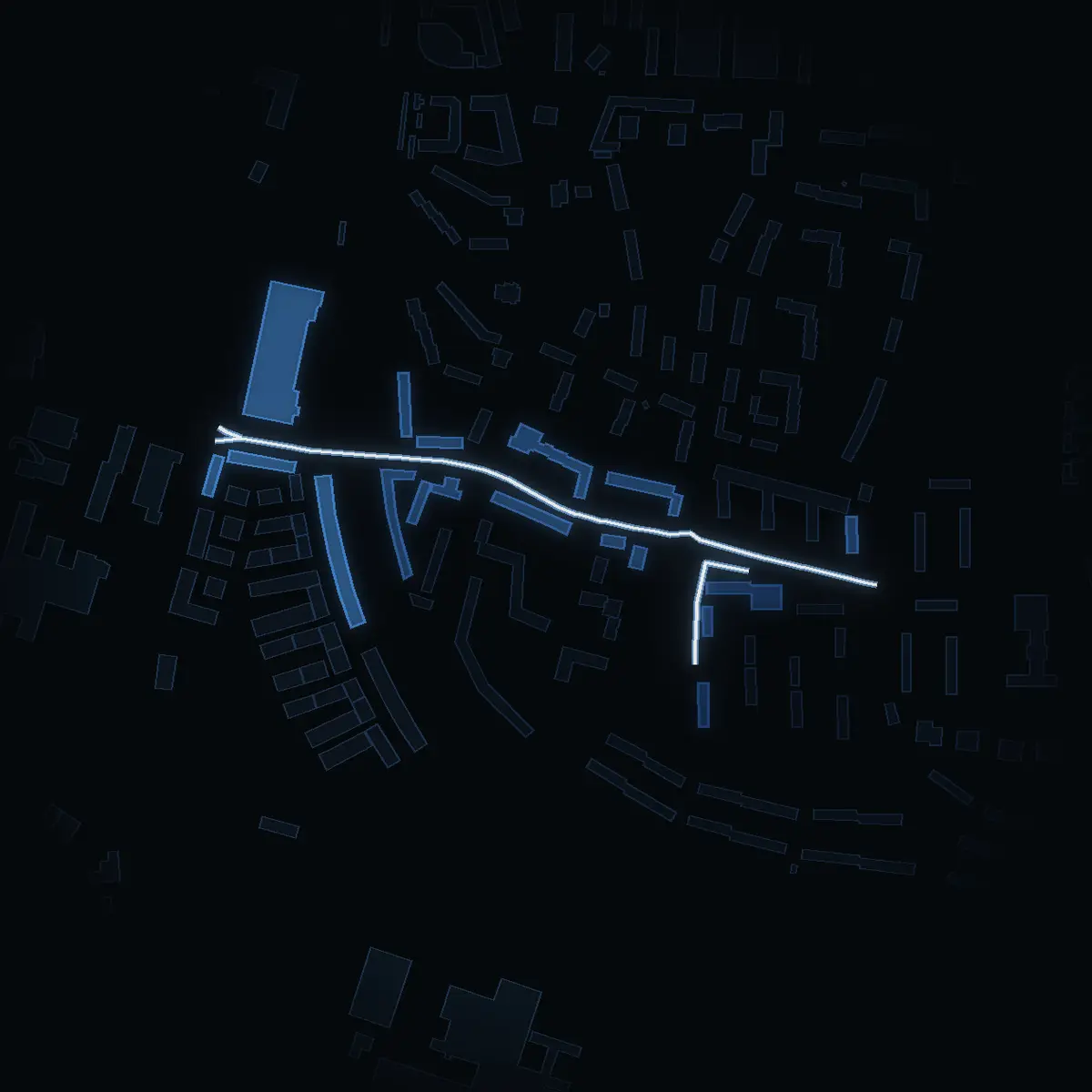 The street at night: Frihetsvägen drawn in white, its buildings lit in the colour of their area’s income