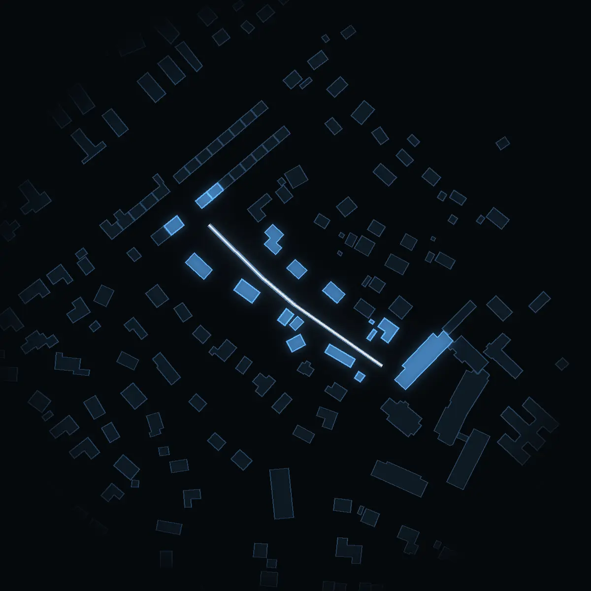 The street at night: Fyndvägen drawn in white, its buildings lit in the colour of their area’s income