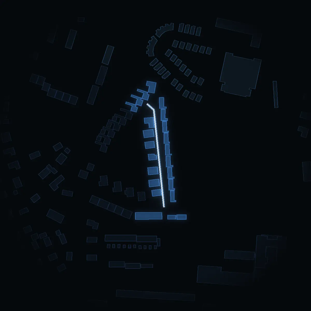 The street at night: Fysikvägen drawn in white, its buildings lit in the colour of their area’s income