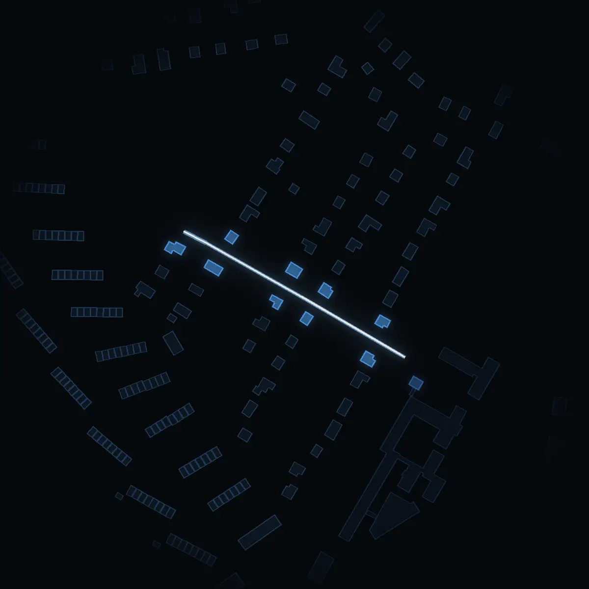 The street at night: Generatorvägen drawn in white, its buildings lit in the colour of their area’s income