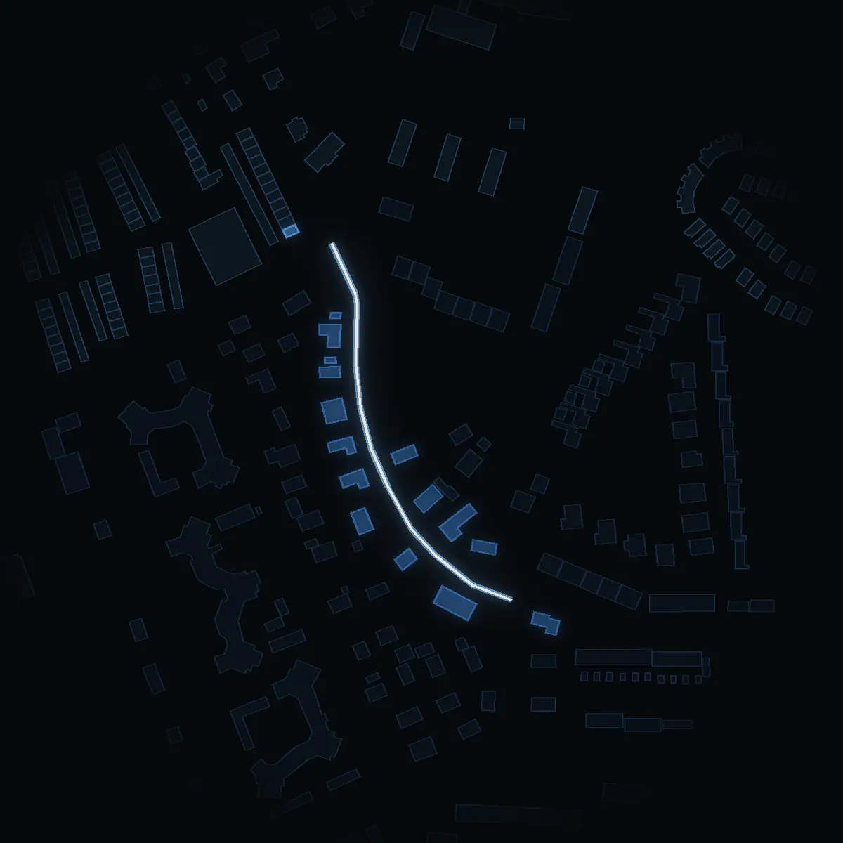 The street at night: Geografivägen drawn in white, its buildings lit in the colour of their area’s income