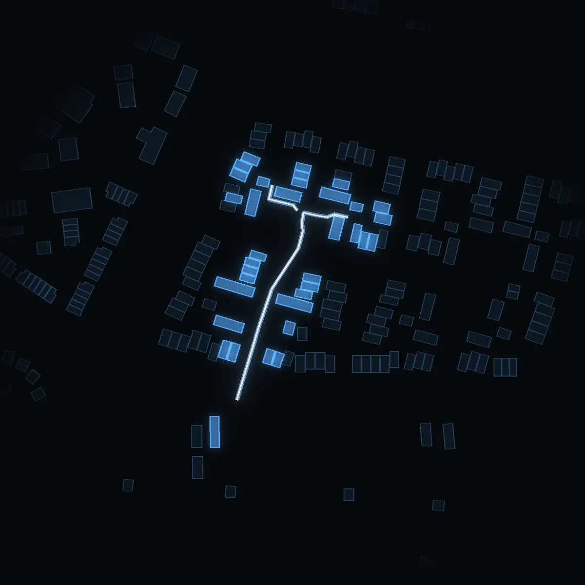 The street at night: Gitarrvägen drawn in white, its buildings lit in the colour of their area’s income