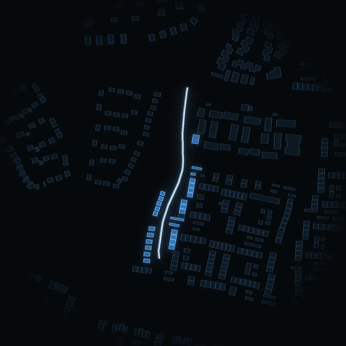 The street at night: Gösvägen drawn in white, its buildings lit in the colour of their area’s income