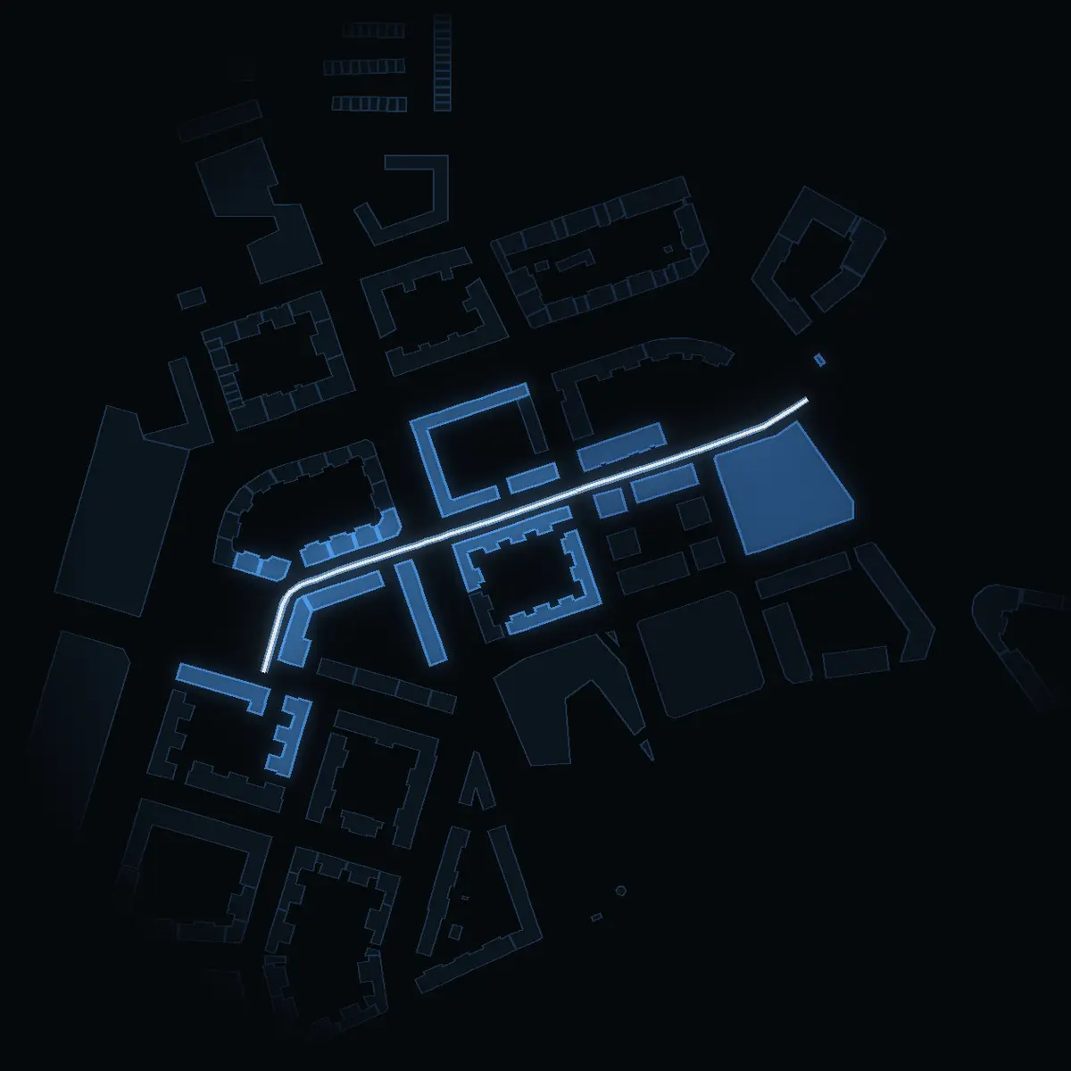 The street at night: Gripengatan drawn in white, its buildings lit in the colour of their area’s income