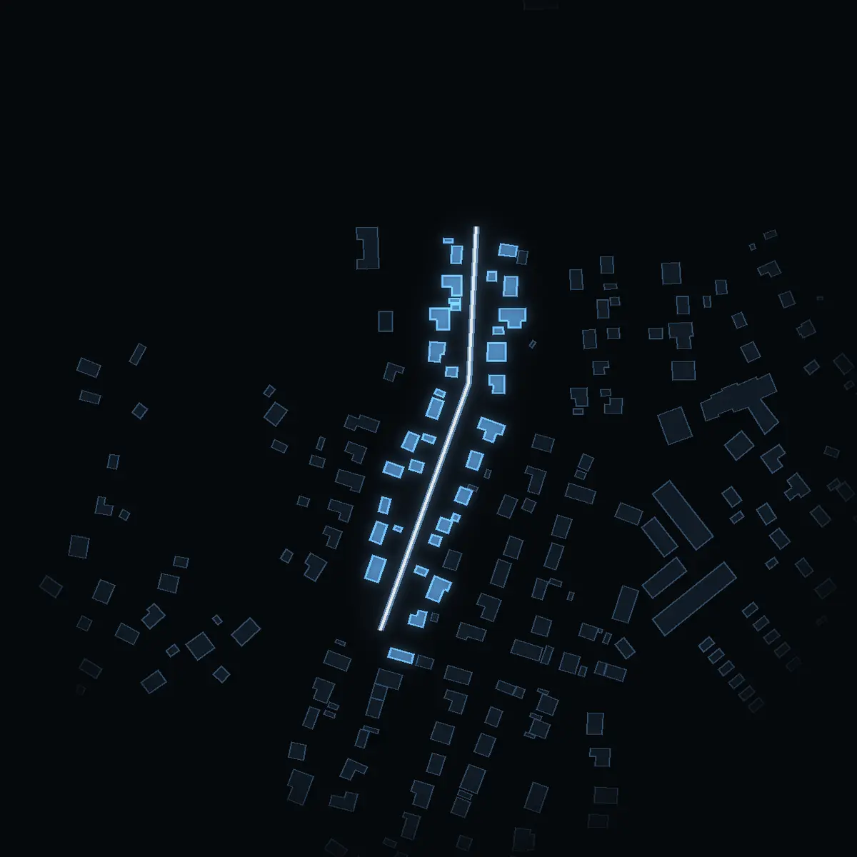 The street at night: Gustav Trolles väg drawn in white, its buildings lit in the colour of their area’s income