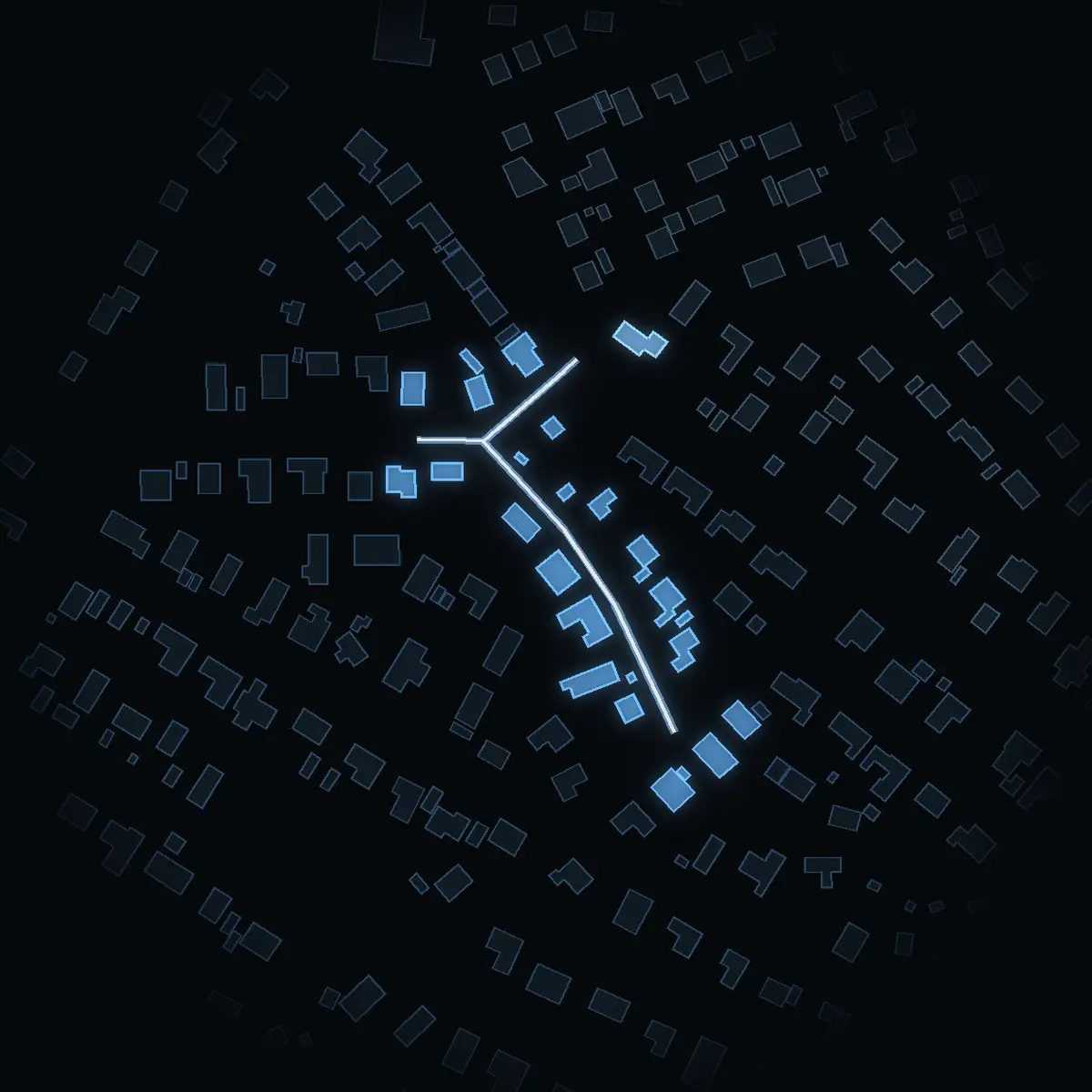 The street at night: Hällvägen drawn in white, its buildings lit in the colour of their area’s income