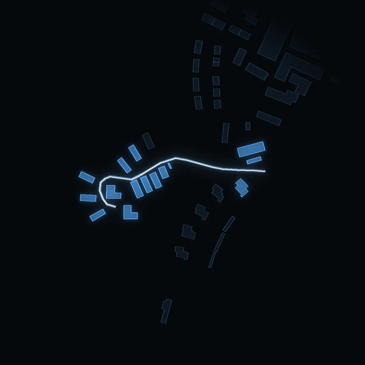 The street at night: Hanna Nilssons väg drawn in white, its buildings lit in the colour of their area’s income