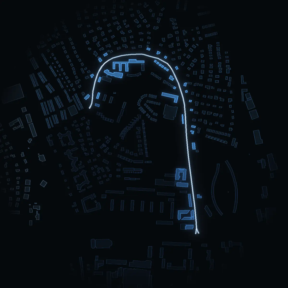 The street at night: Hästskovägen drawn in white, its buildings lit in the colour of their area’s income