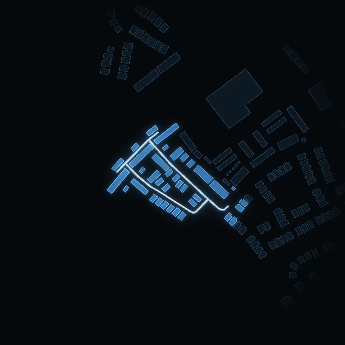 The street at night: Hedebyslingan drawn in white, its buildings lit in the colour of their area’s income