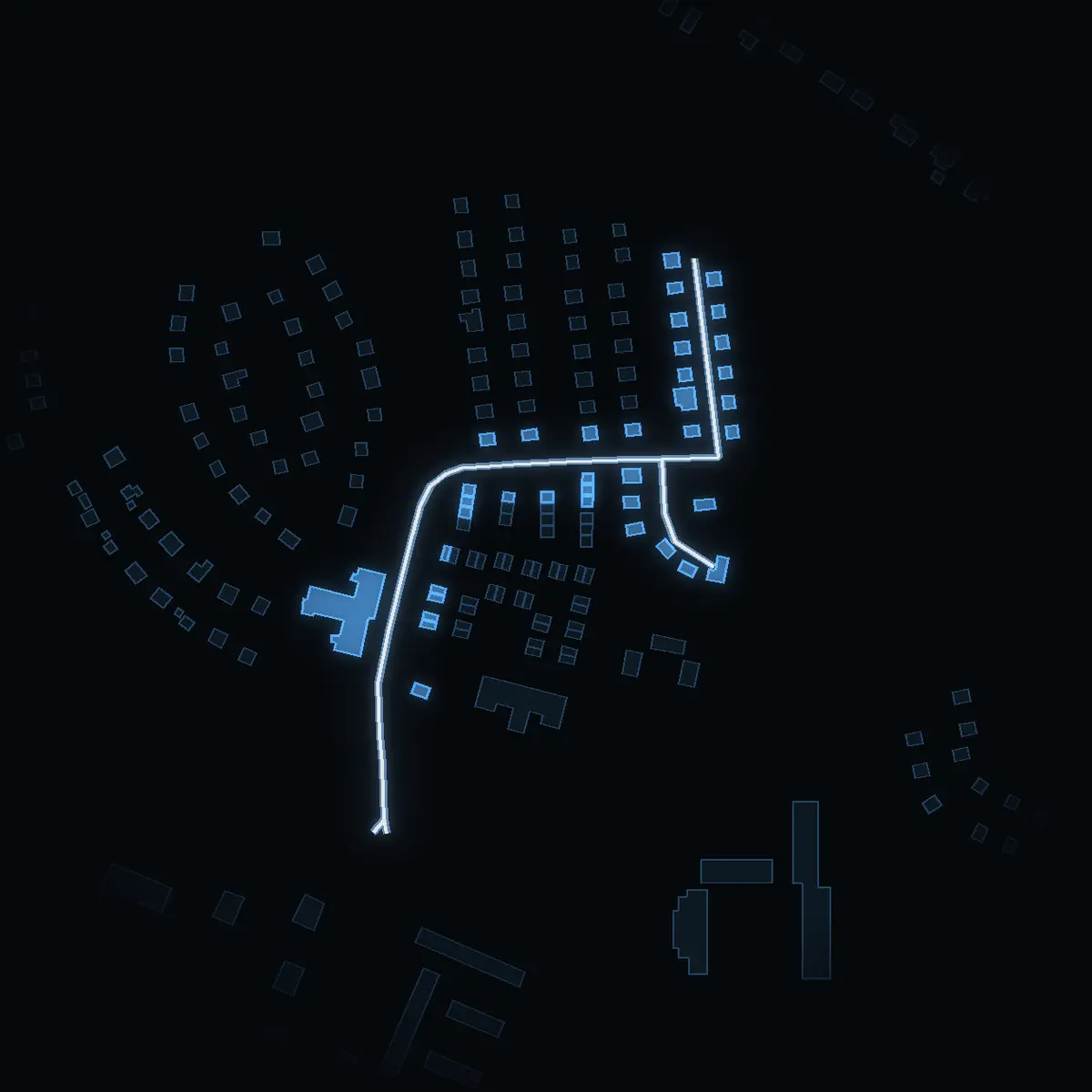 The street at night: Hemmansvägen drawn in white, its buildings lit in the colour of their area’s income