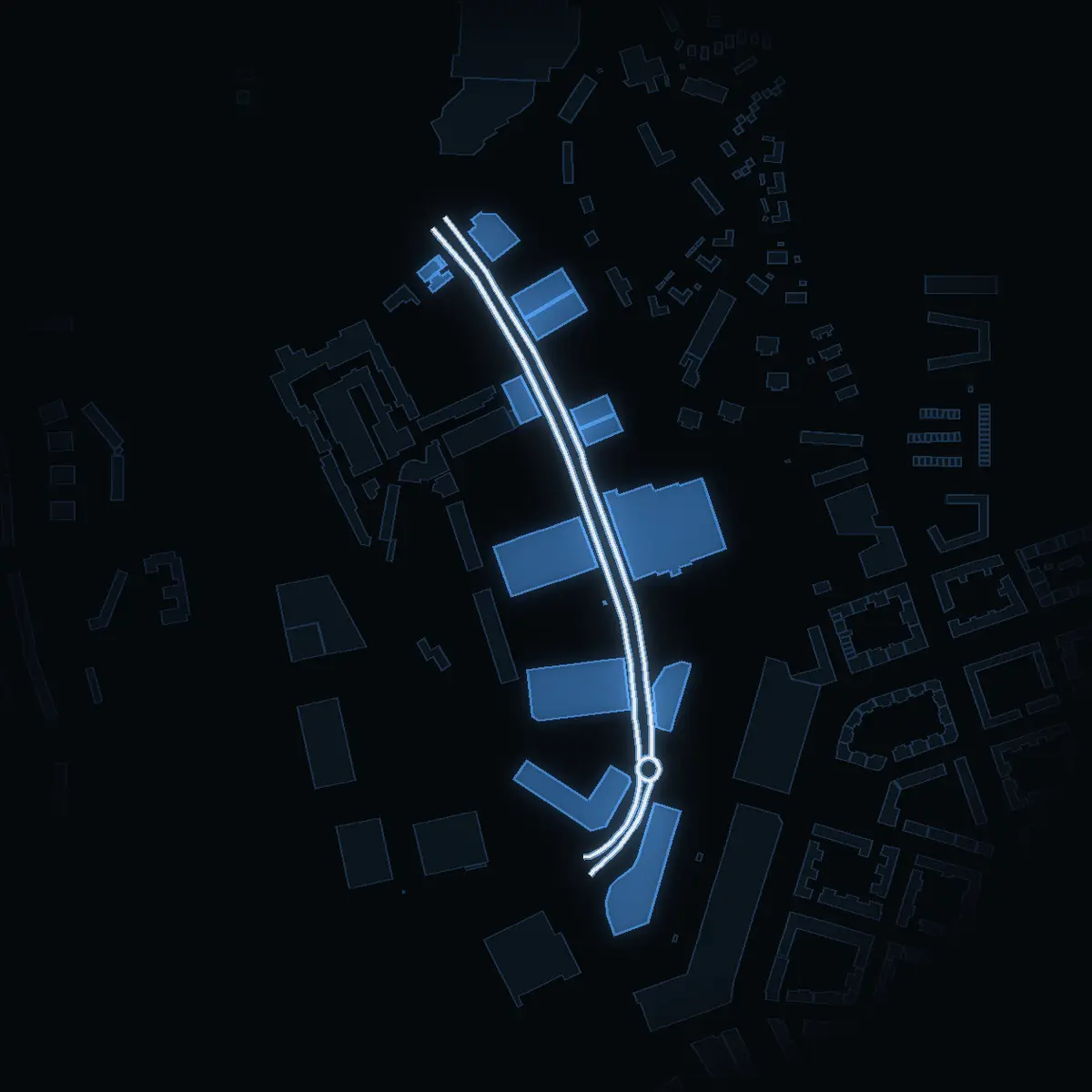 The street at night: Herrestavägen drawn in white, its buildings lit in the colour of their area’s income