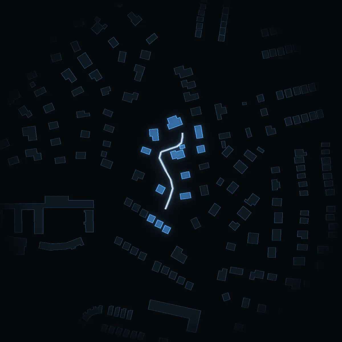 The street at night: Hindervägen drawn in white, its buildings lit in the colour of their area’s income