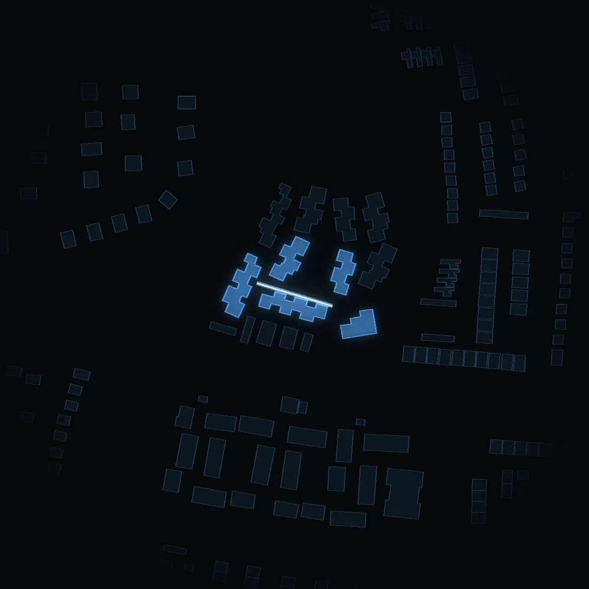 The street at night: Hummervägen drawn in white, its buildings lit in the colour of their area’s income