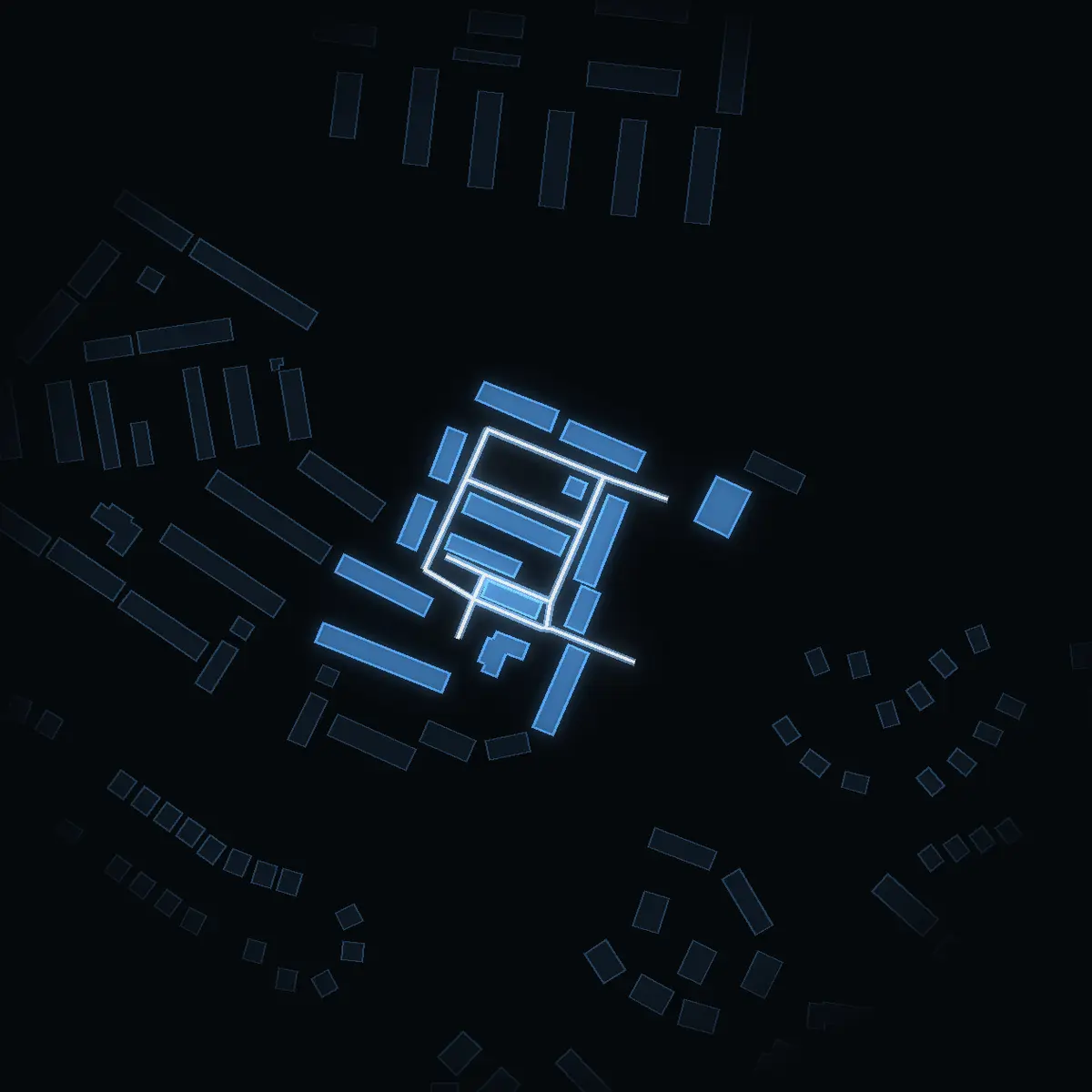 The street at night: Jordnötsgränd drawn in white, its buildings lit in the colour of their area’s income
