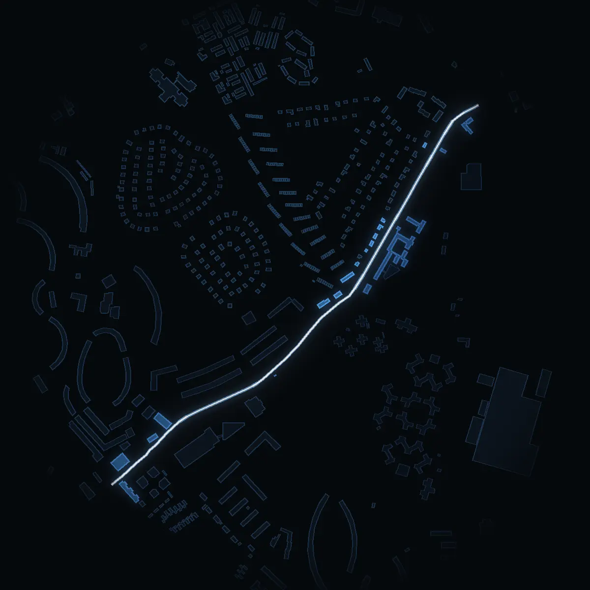 The street at night: Källtorpsvägen drawn in white, its buildings lit in the colour of their area’s income