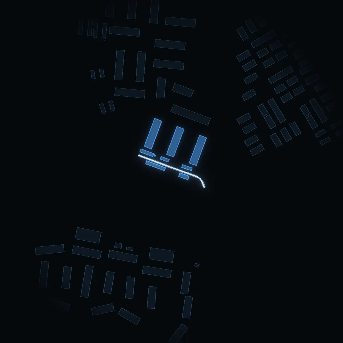 The street at night: Kalvgränd drawn in white, its buildings lit in the colour of their area’s income