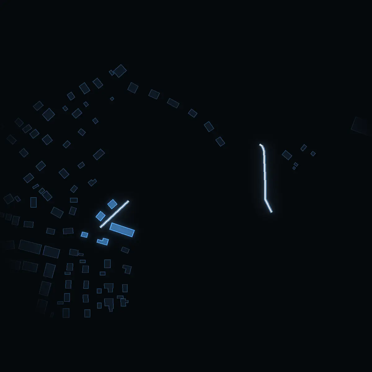 The street at night: Kantorvägen drawn in white, its buildings lit in the colour of their area’s income