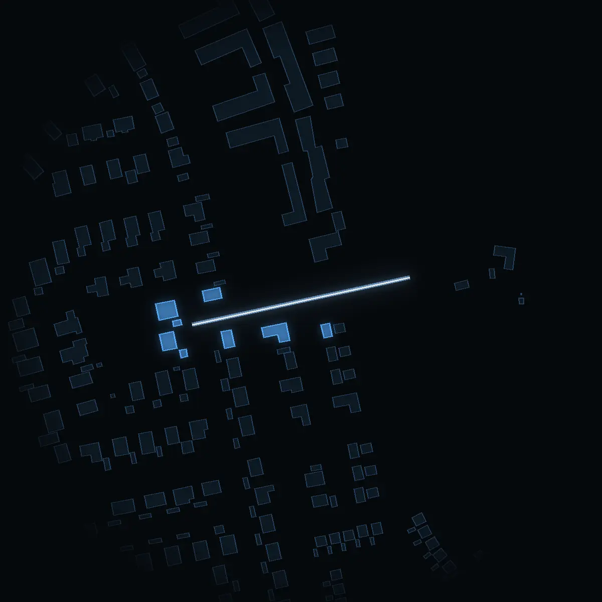 The street at night: Kolbodavägen drawn in white, its buildings lit in the colour of their area’s income