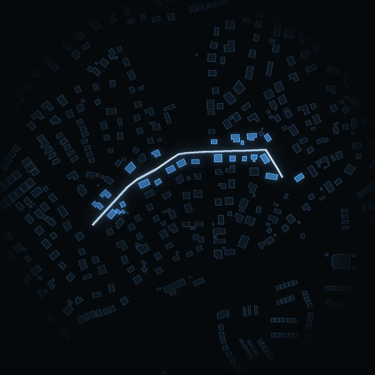 The street at night: Kometvägen drawn in white, its buildings lit in the colour of their area’s income