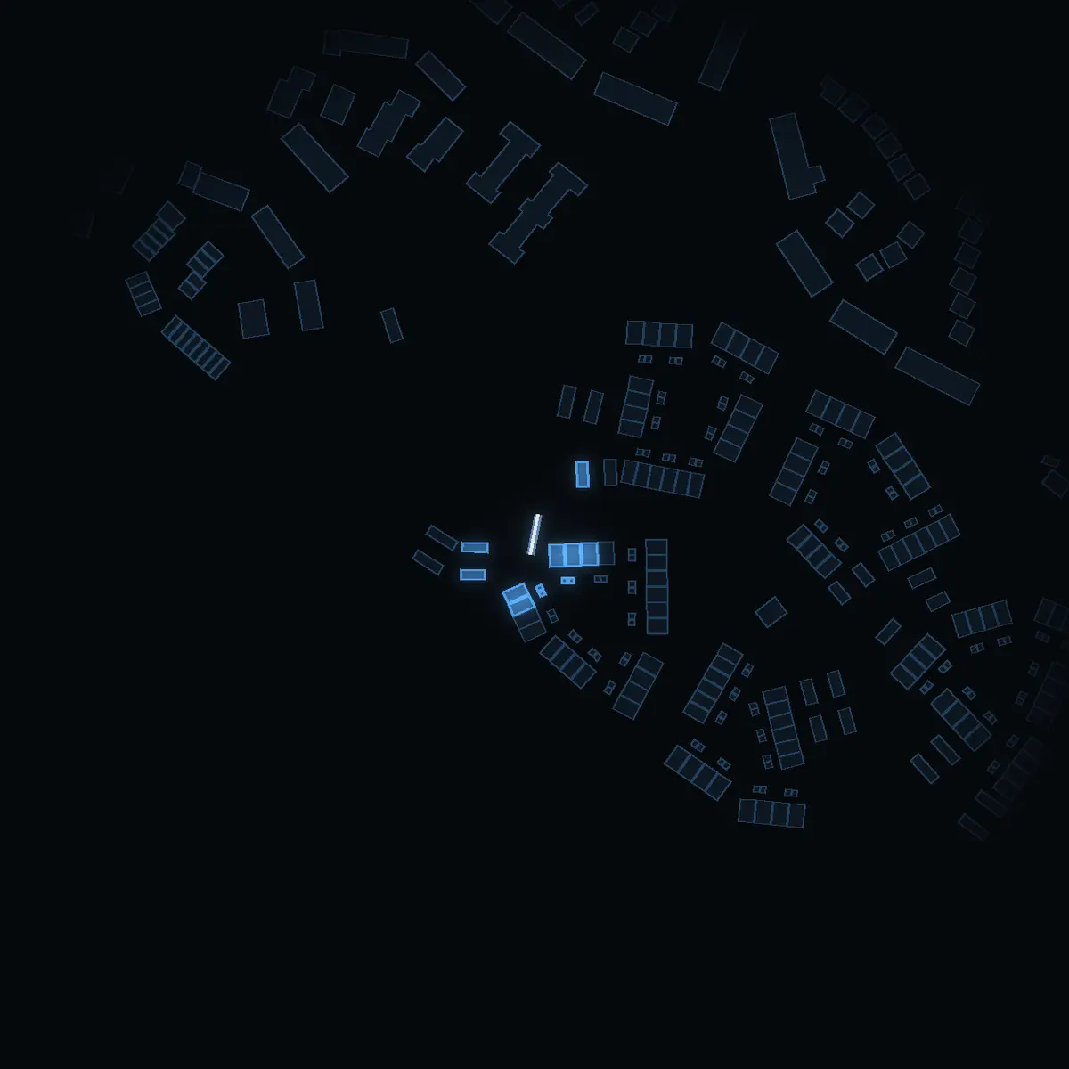 The street at night: Korintgränd drawn in white, its buildings lit in the colour of their area’s income