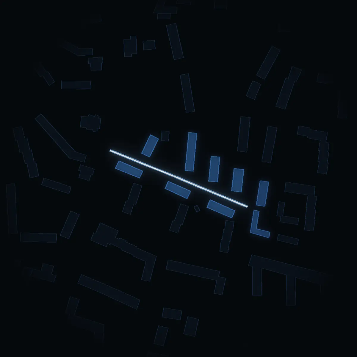The street at night: Kristinavägen drawn in white, its buildings lit in the colour of their area’s income