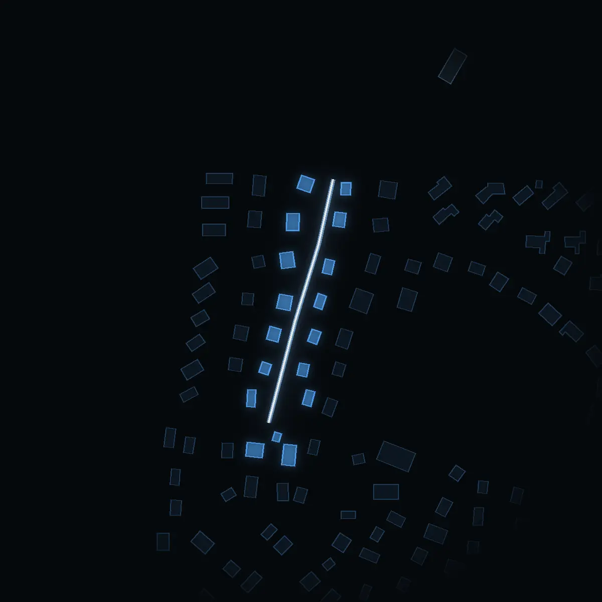 The street at night: Krokusvägen drawn in white, its buildings lit in the colour of their area’s income