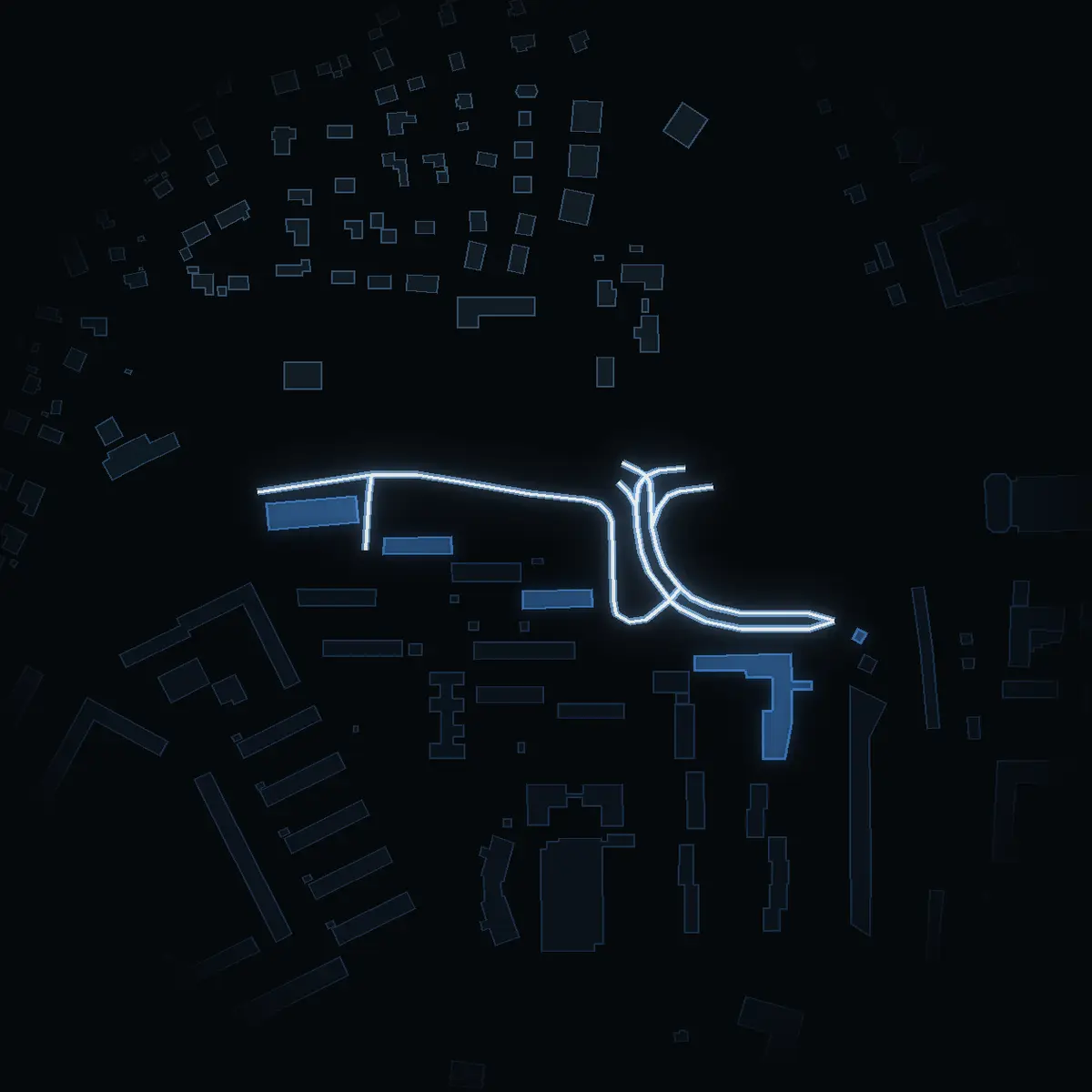 The street at night: Kvarnvägen drawn in white, its buildings lit in the colour of their area’s income