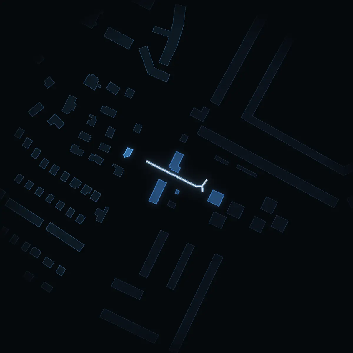 The street at night: Kvartalsvägen drawn in white, its buildings lit in the colour of their area’s income