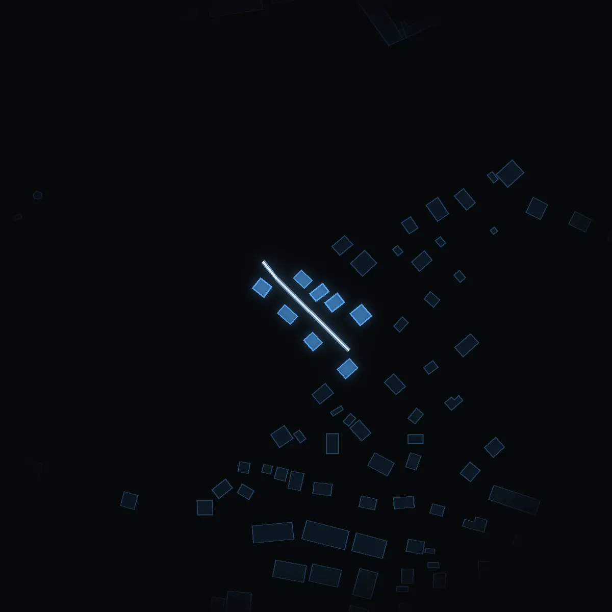 The street at night: Kyrkoherdevägen drawn in white, its buildings lit in the colour of their area’s income