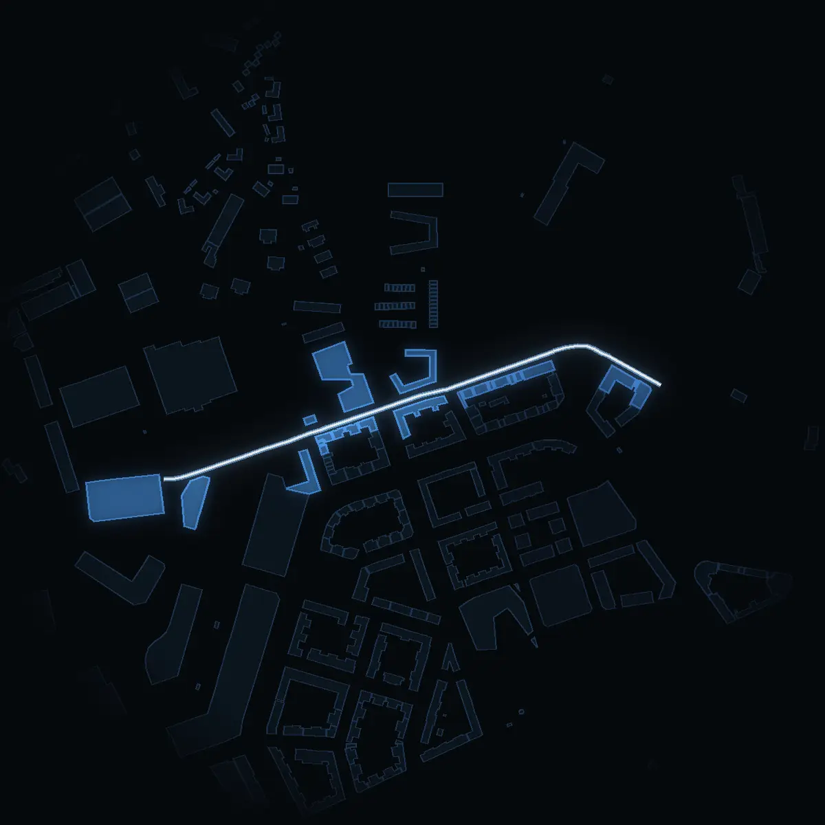 The street at night: Majorsvägen drawn in white, its buildings lit in the colour of their area’s income