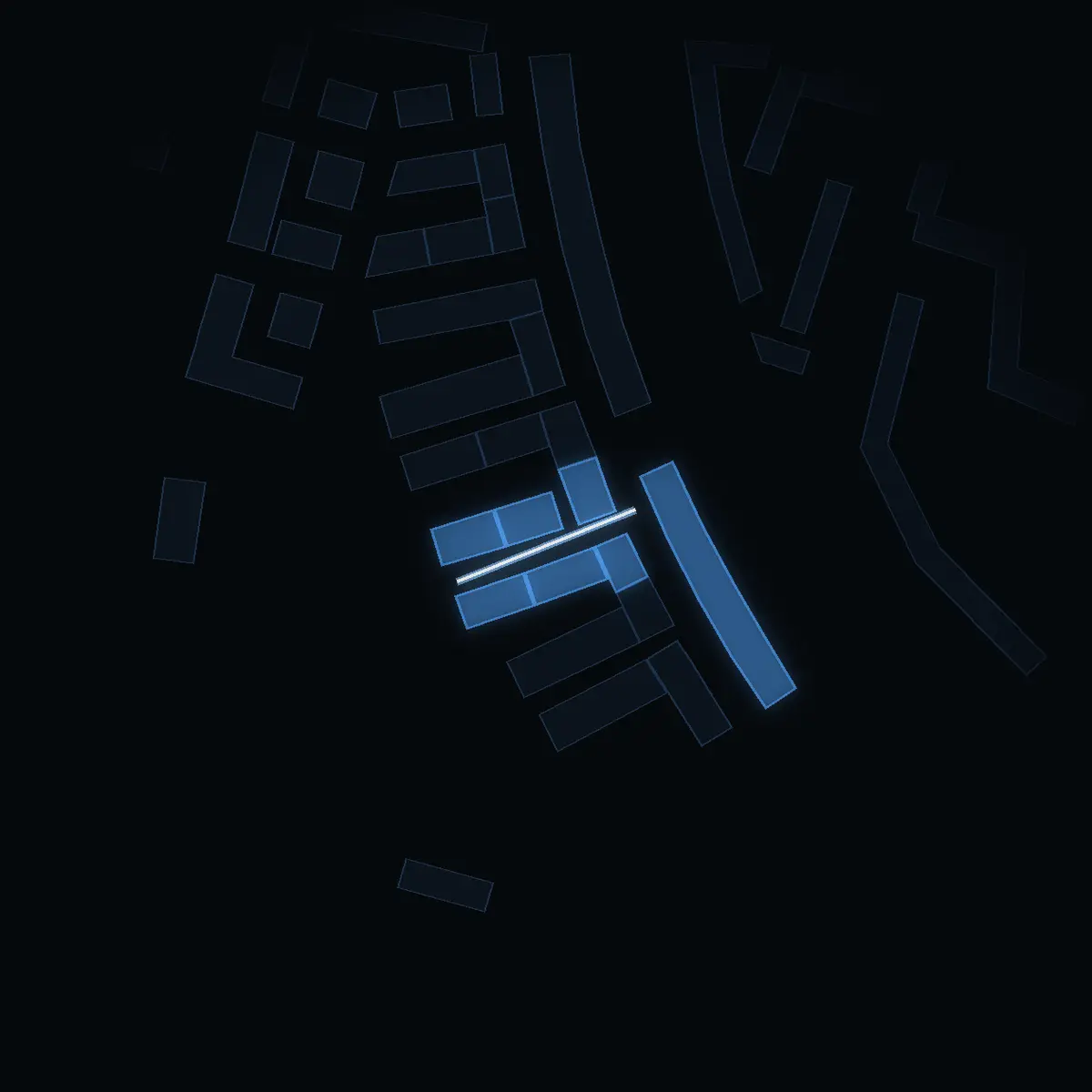 The street at night: Malstensgränd drawn in white, its buildings lit in the colour of their area’s income