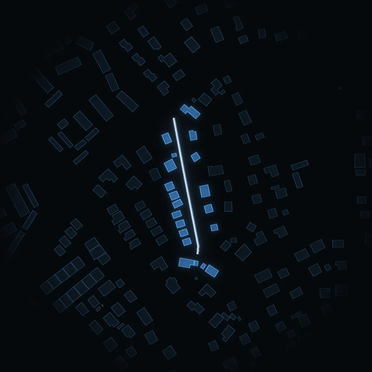 The street at night: Merkuriusvägen drawn in white, its buildings lit in the colour of their area’s income