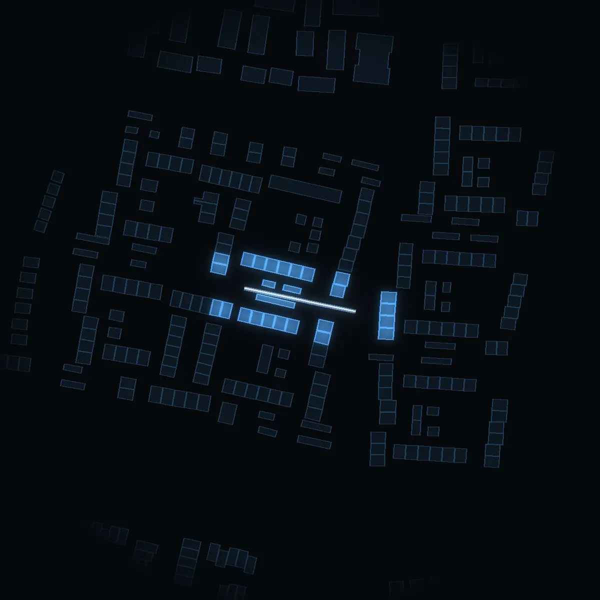 The street at night: Metargränd drawn in white, its buildings lit in the colour of their area’s income