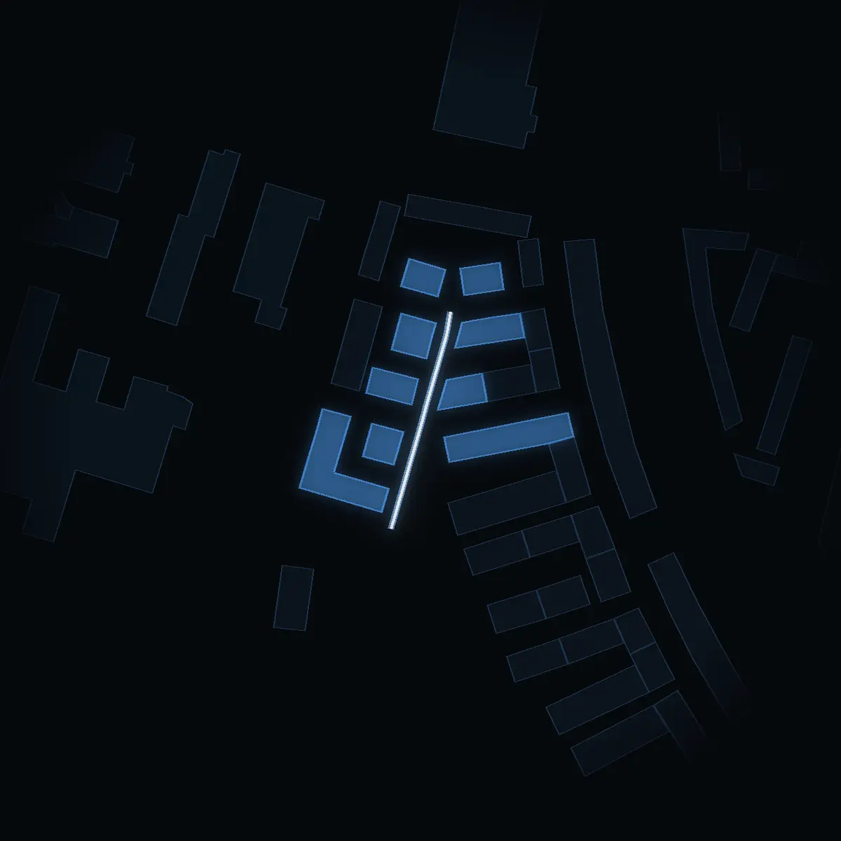 The street at night: Mjölgatan drawn in white, its buildings lit in the colour of their area’s income