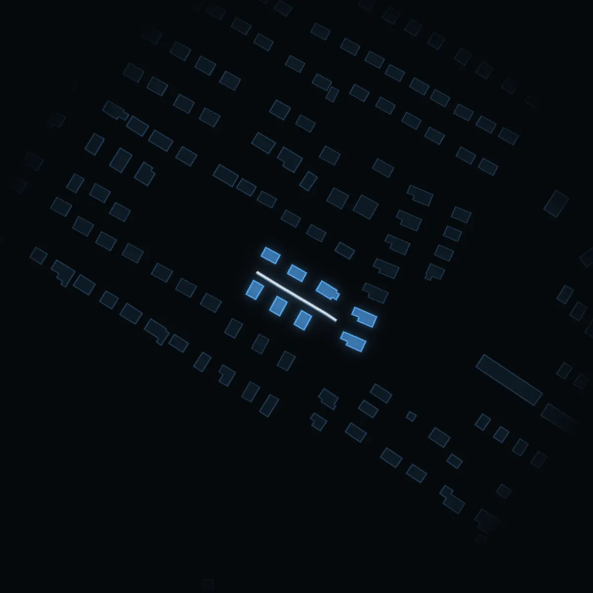 The street at night: Morgonvägen drawn in white, its buildings lit in the colour of their area’s income