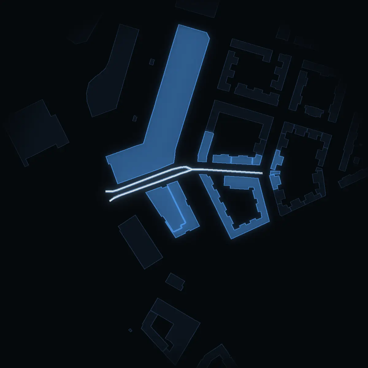The street at night: Mustanggatan drawn in white, its buildings lit in the colour of their area’s income