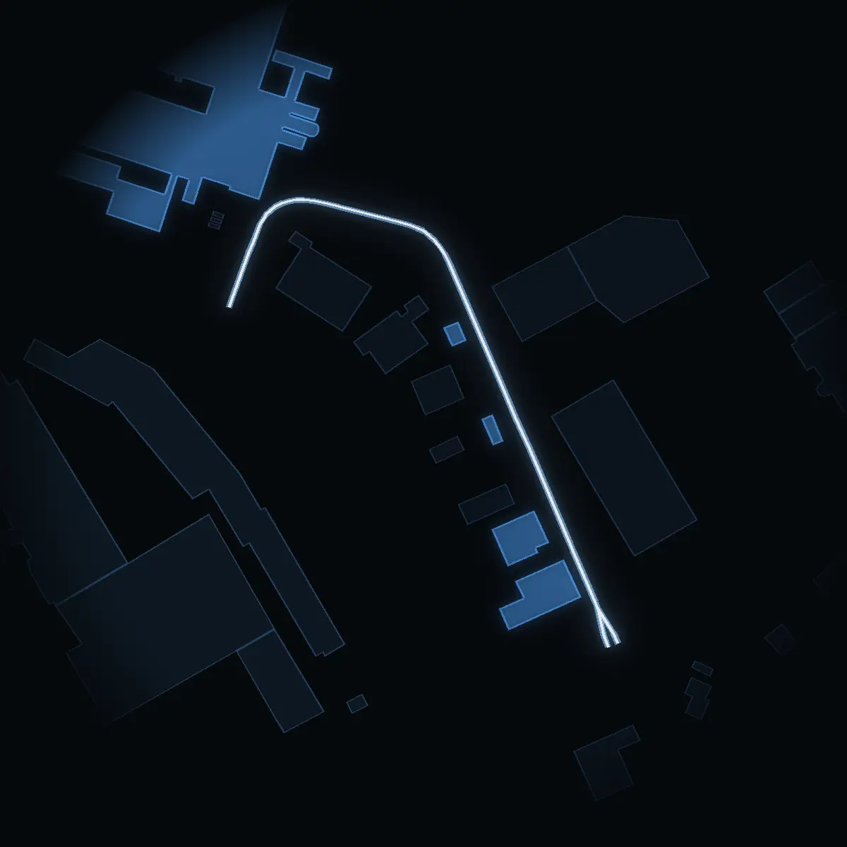 The street at night: Nettovägen drawn in white, its buildings lit in the colour of their area’s income