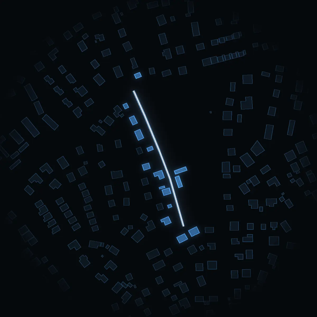 The street at night: Norrskensvägen drawn in white, its buildings lit in the colour of their area’s income