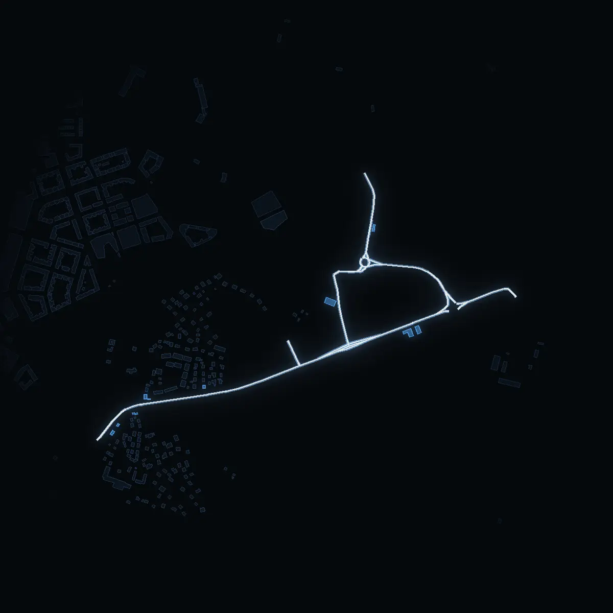 The street at night: Norrviksvägen drawn in white, its buildings lit in the colour of their area’s income