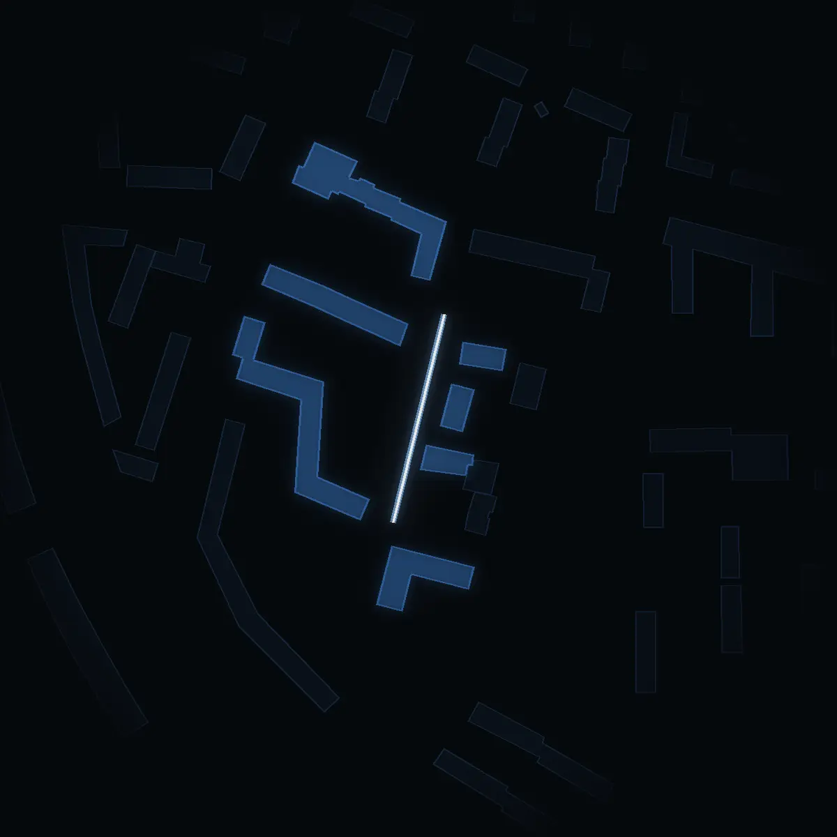 The street at night: Nybergsvägen drawn in white, its buildings lit in the colour of their area’s income