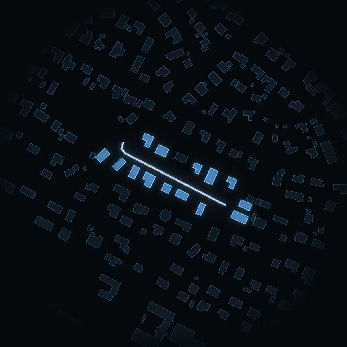 The street at night: Oktobervägen drawn in white, its buildings lit in the colour of their area’s income