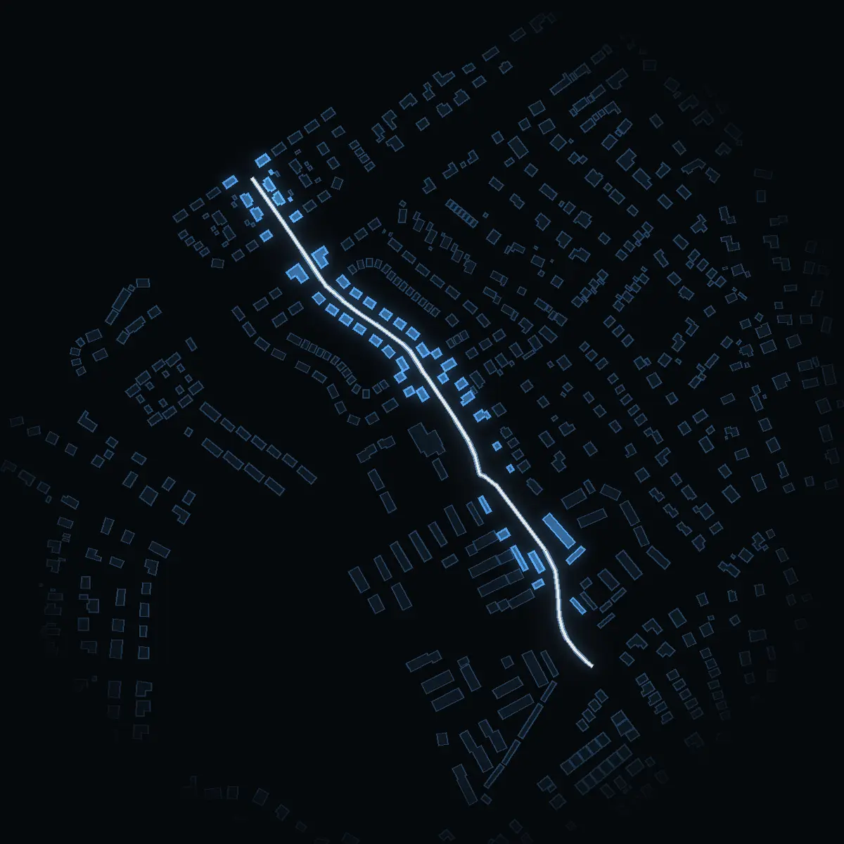 The street at night: Orgonavägen drawn in white, its buildings lit in the colour of their area’s income